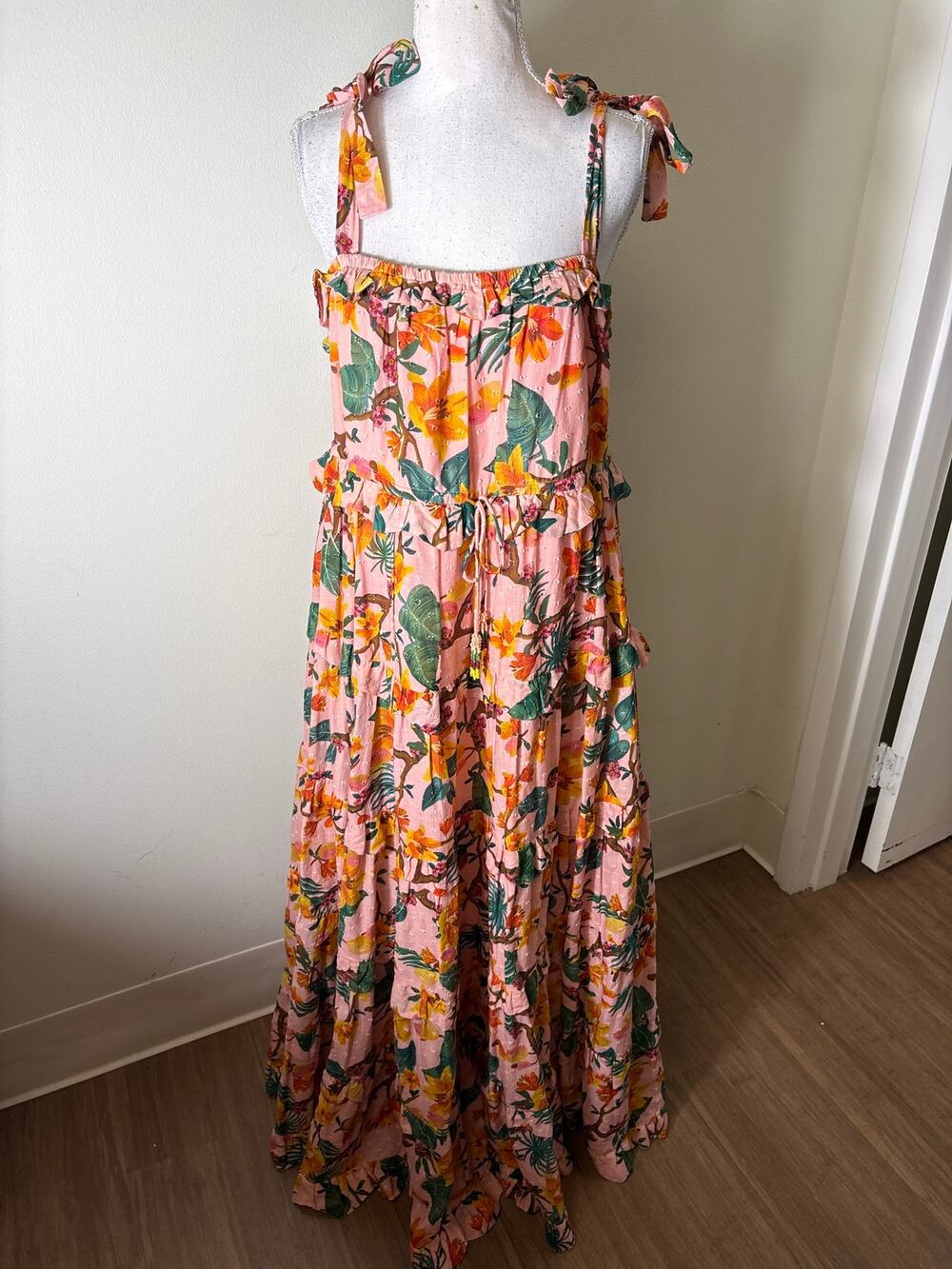 Farm Rio Pink Floral Tiered Cotton Maxi Dress Sz M